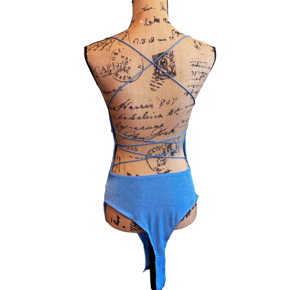 SHEIN Blue Ruched Lace Up Back Bodysuit Medium Strappy Open Back Sleeveless Top